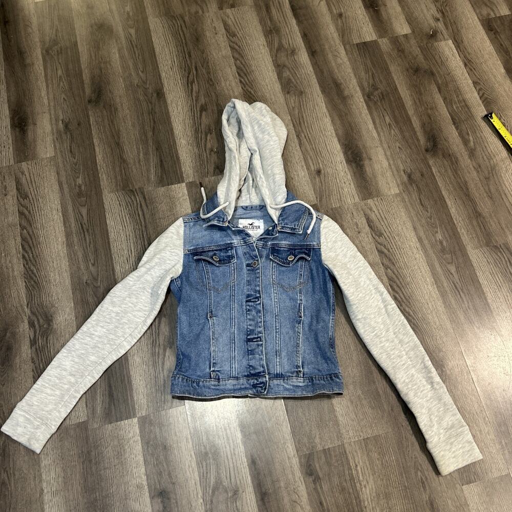 Hollister Denim Jacket Gray Hoodie Long Sleeve Button Front XS Preppy Y2K